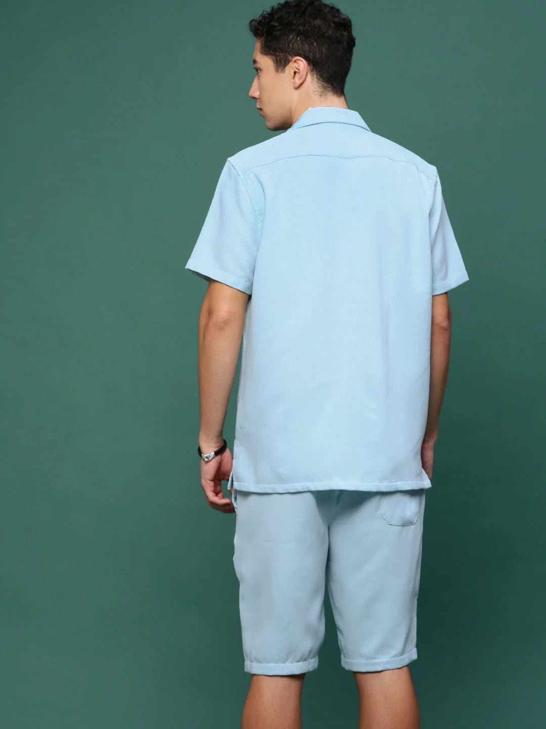 Blue Cuban Collar Co Ord Sets for Men | Solid Cotton Two Piece