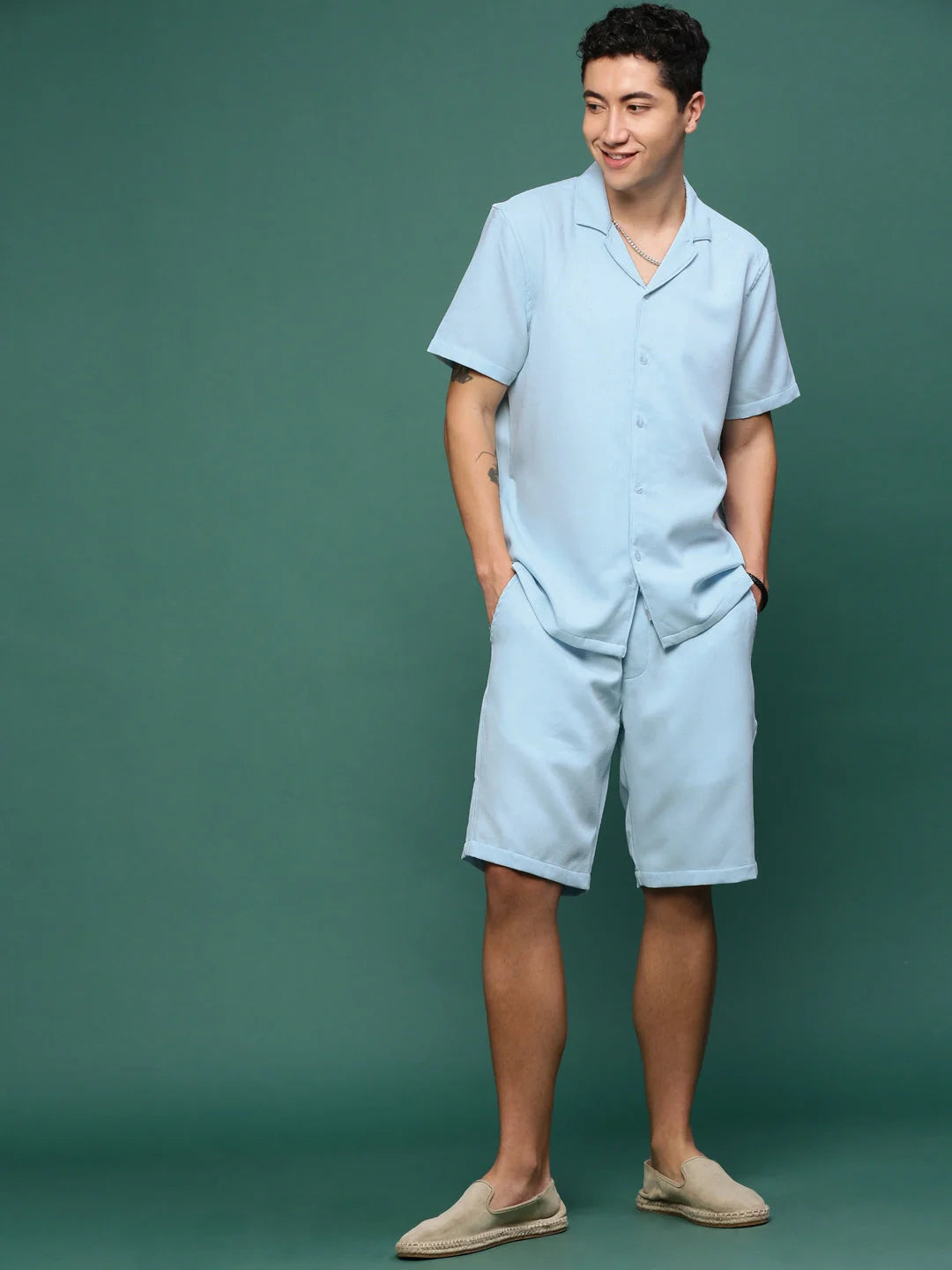 Blue Cuban Collar Co Ord Sets for Men | Solid Cotton Two Piece