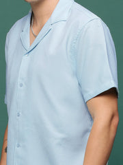 Men Blue Cuban Collar Solid Co Ords Set-Judah-3229-Blue