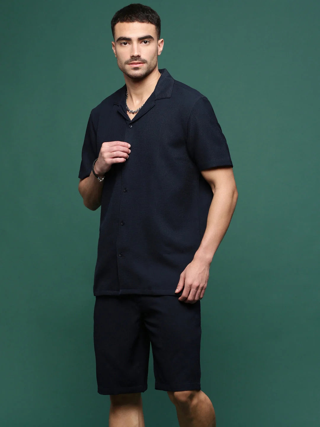 Men's Navy Blue Solid Cuban Collar Co Ord Set | Two Piece Sets