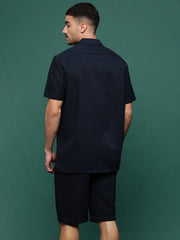 Men Navy Blue Cuban Collar Solid Co Ords Set-Judah-3233-Navyblue