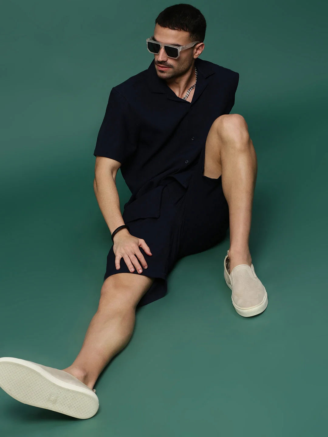 Men's Navy Blue Solid Cuban Collar Co Ord Set | Two Piece Sets