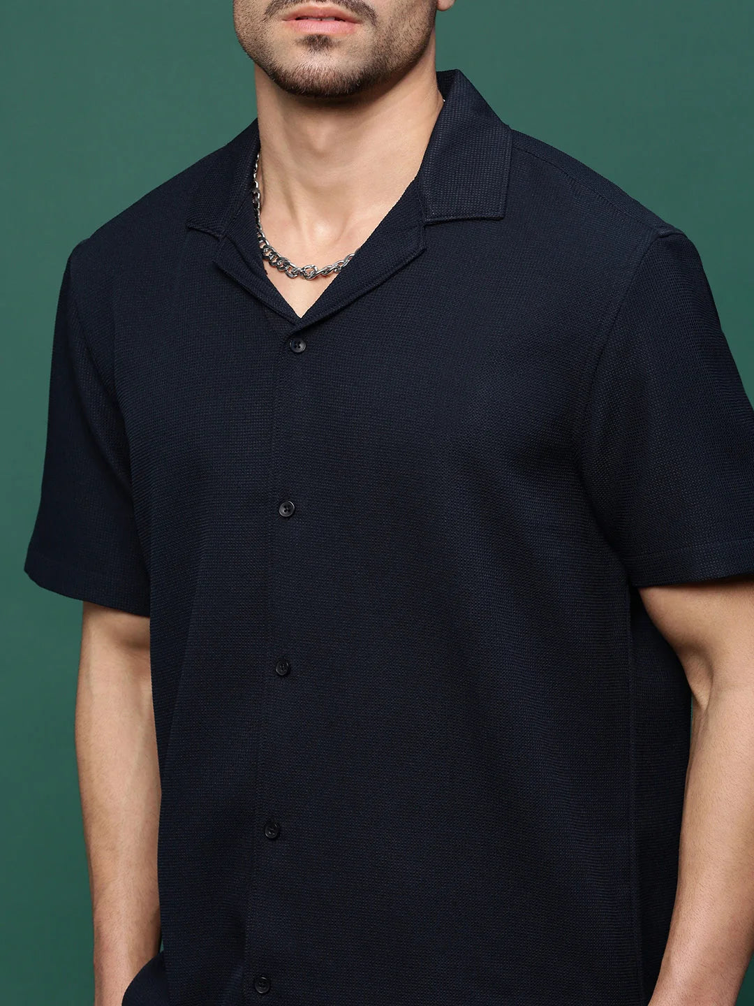 Men's Navy Blue Solid Cuban Collar Co Ord Set | Two Piece Sets