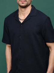 Men Navy Blue Cuban Collar Solid Co Ords Set-Judah-3233-Navyblue