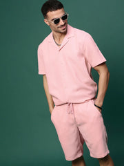 Men Pink Cuban Collar Solid Co Ords Set-Judah-3234-Pink