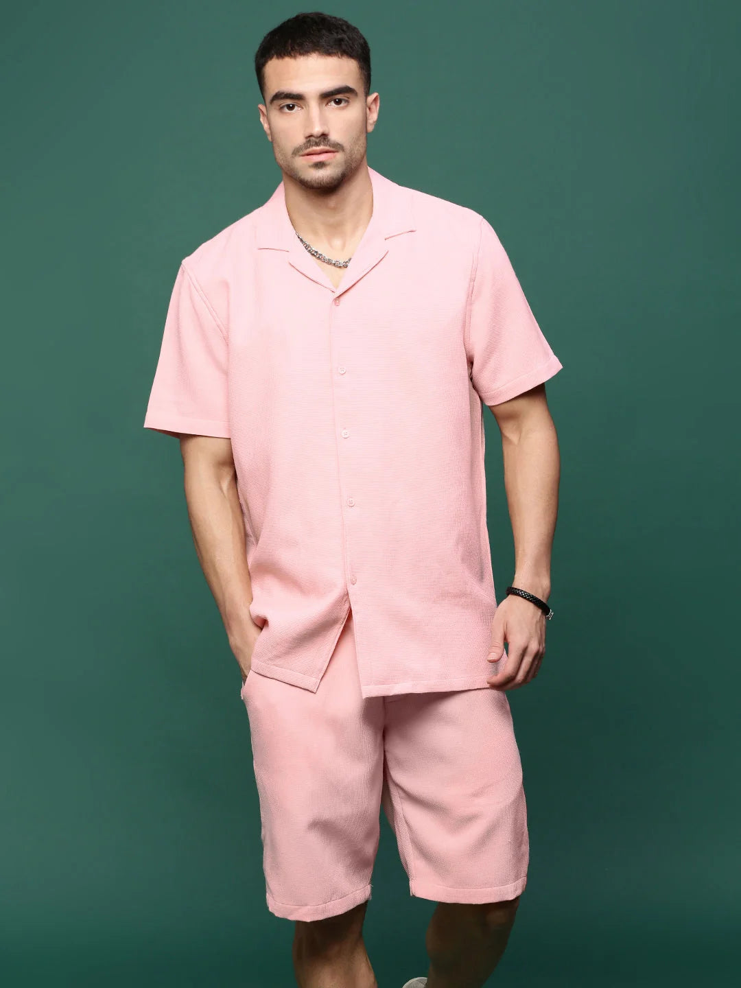 Men's Pink Solid Cuban Collar Co Ord Set | Two Piece Sets for Men