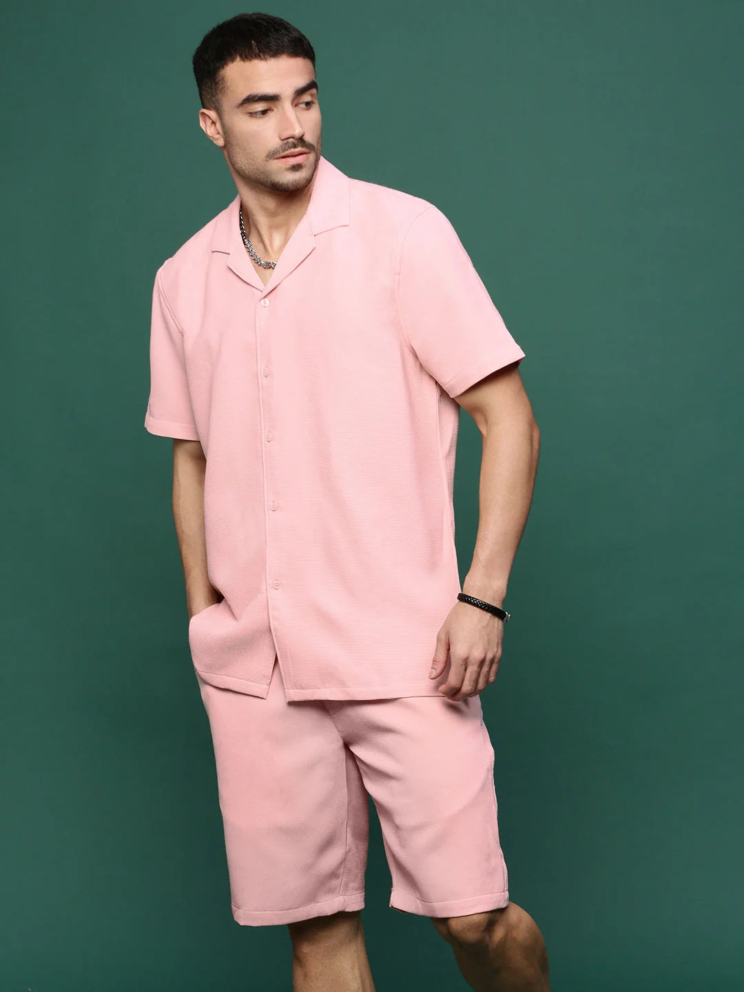 Men's Pink Solid Cuban Collar Co Ord Set | Two Piece Sets for Men