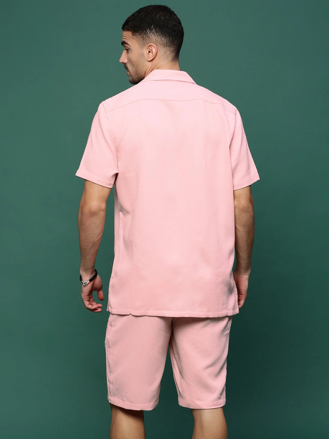 Men's Pink Solid Cuban Collar Co Ord Set | Two Piece Sets for Men