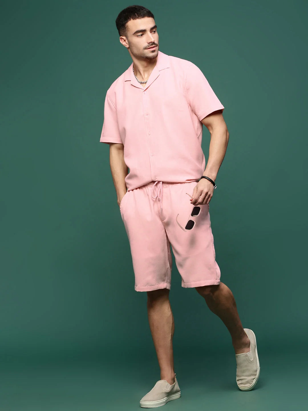 Men's Pink Solid Cuban Collar Co Ord Set | Two Piece Sets for Men