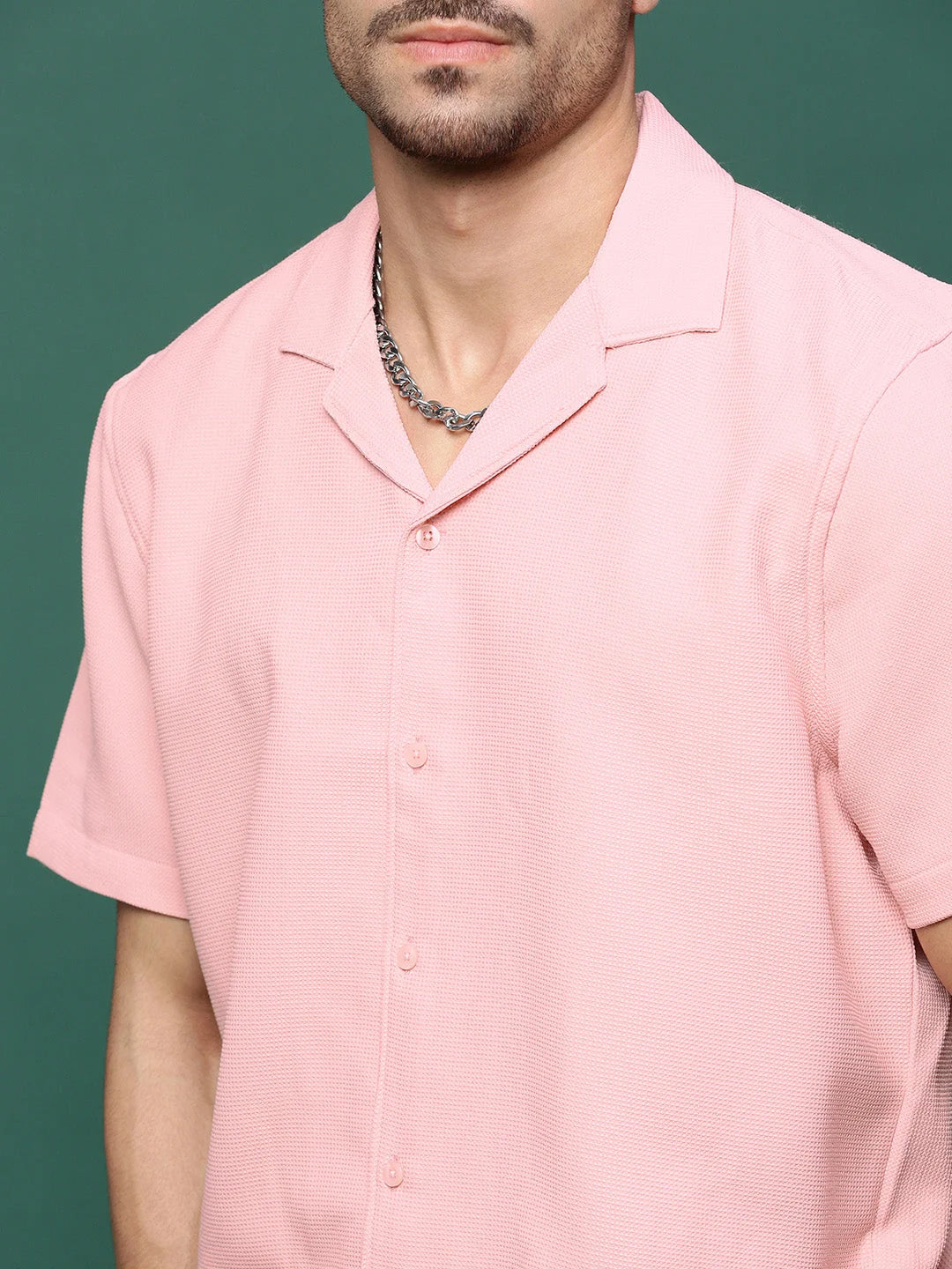 Men's Pink Solid Cuban Collar Co Ord Set | Two Piece Sets for Men