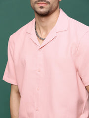 Men Pink Cuban Collar Solid Co Ords Set-Judah-3234-Pink