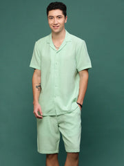 Men Sea Green Cuban Collar Solid Co Ords Set-Judah-3235-Seagreen