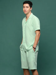 Men Sea Green Cuban Collar Solid Co Ords Set-Judah-3235-Seagreen