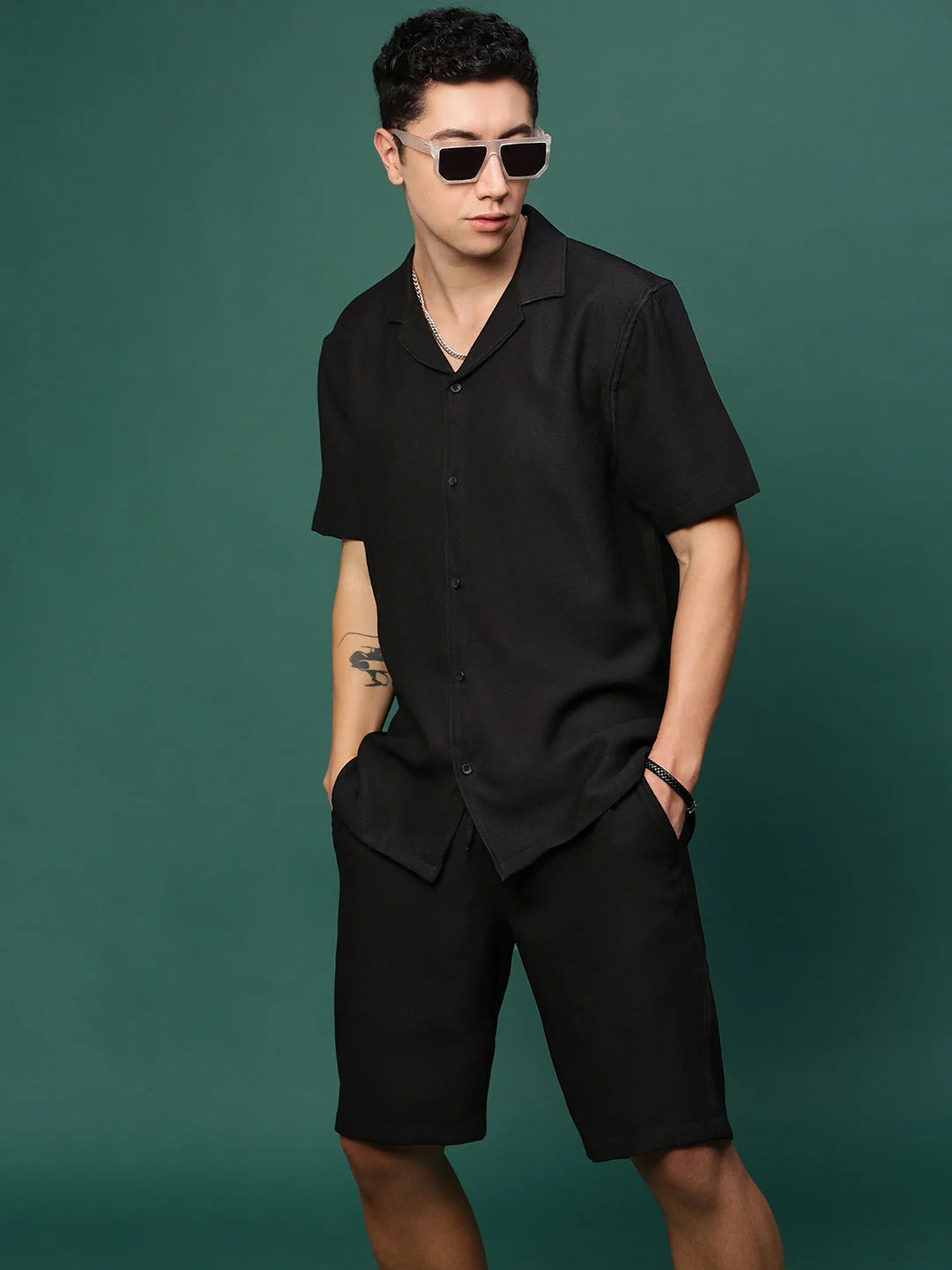 Men Black Cuban Collar Solid Co Ords Set-Judah-3237-Black