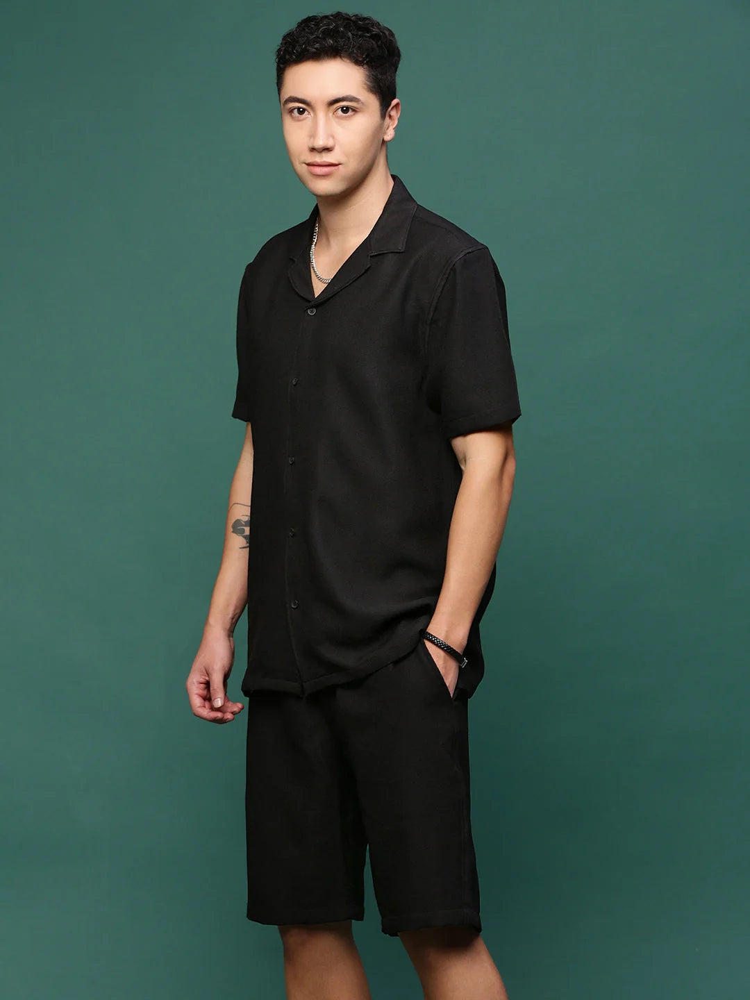 Black Solid Co Ord Set - Mens Two Piece Sets with Cuban Collar