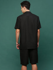 Men Black Cuban Collar Solid Co Ords Set-Judah-3237-Black