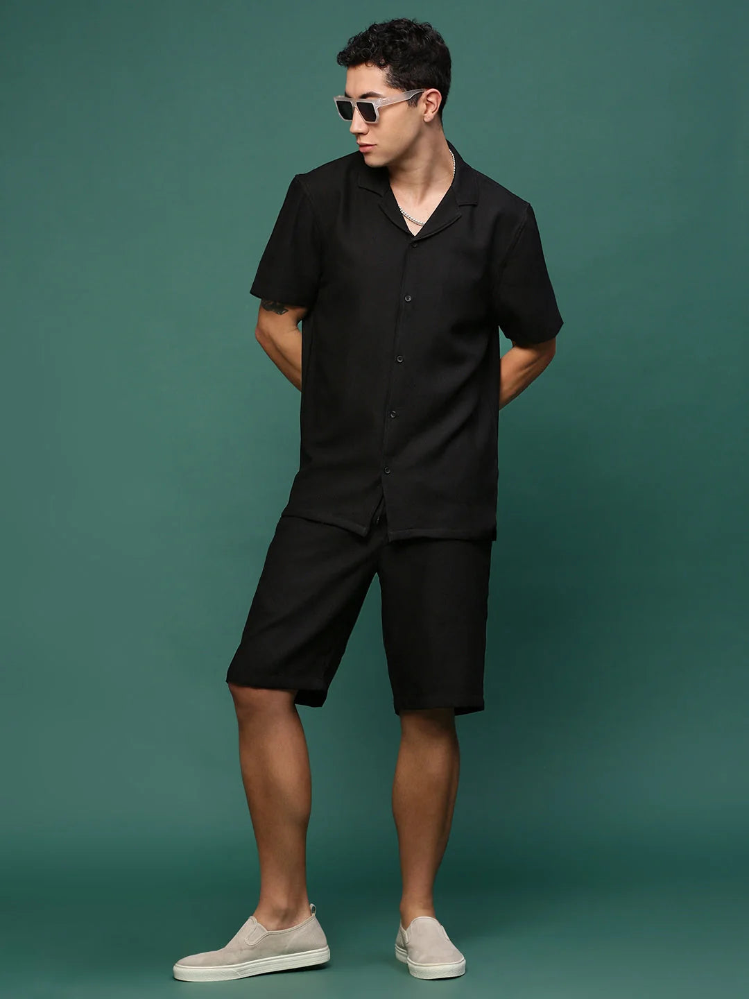 Black Solid Co Ord Set - Mens Two Piece Sets with Cuban Collar