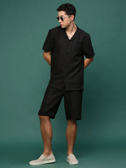 Men Black Cuban Collar Solid Co Ords Set-Judah-3237-Black