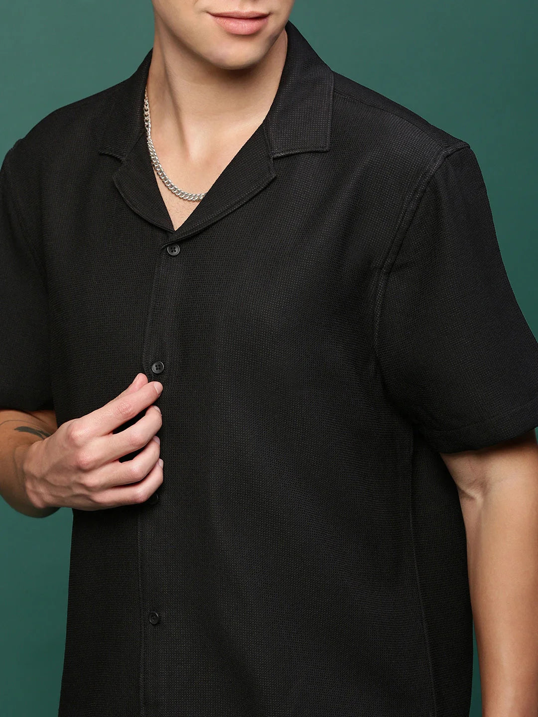 Black Solid Co Ord Set - Mens Two Piece Sets with Cuban Collar