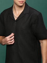 Men Black Cuban Collar Solid Co Ords Set-Judah-3237-Black