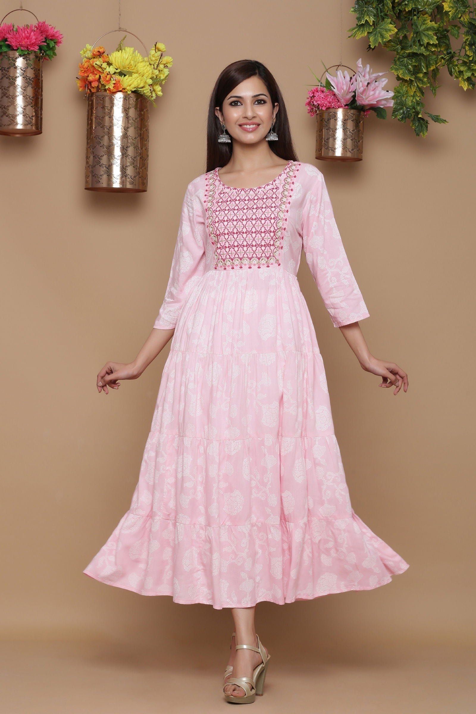 Baby Pink Ethnic Motif Printed Rayon Tiered Maxi Dress With Mirror Wor