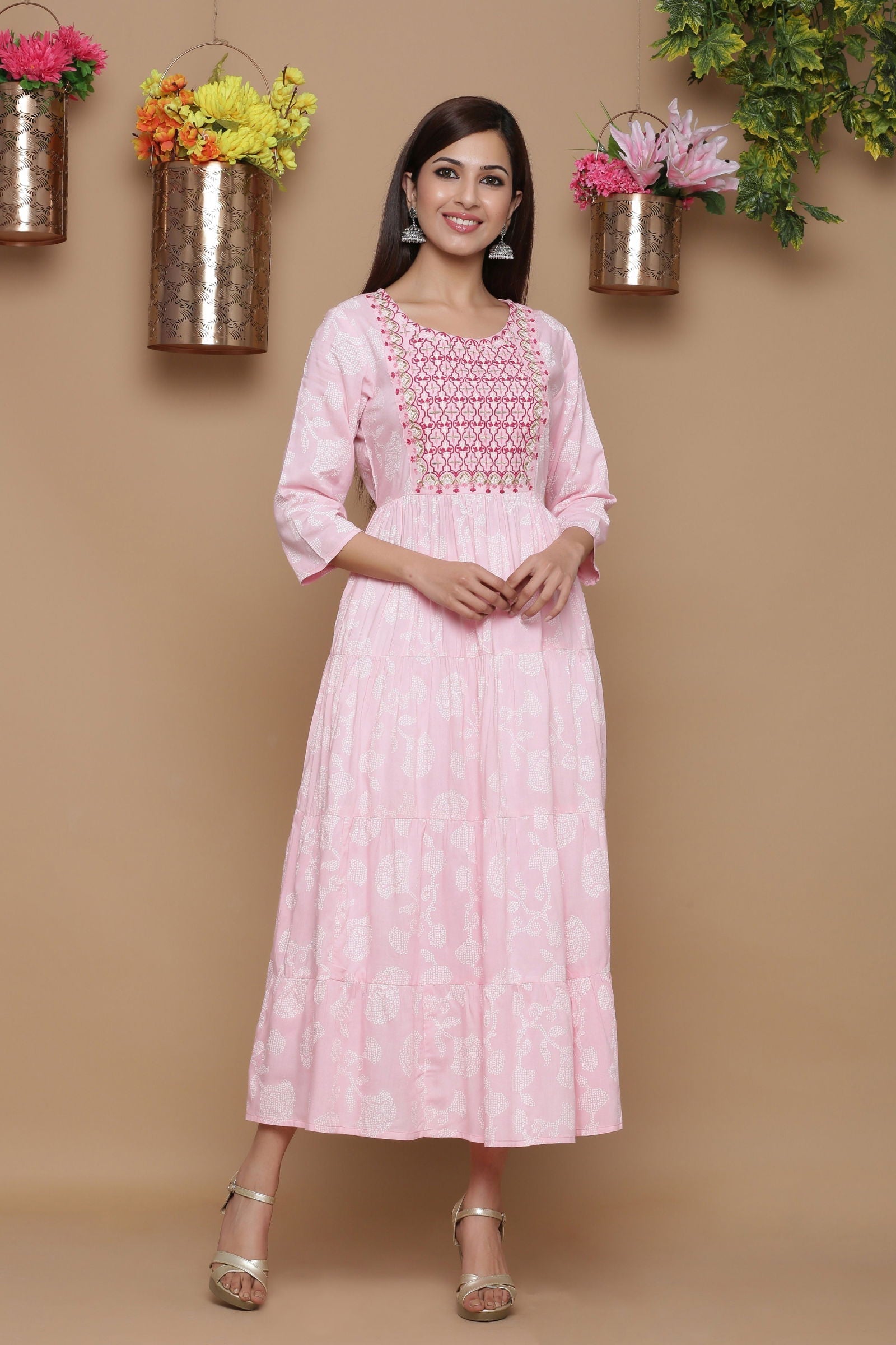 Baby Pink Ethnic Motif Printed Rayon Tiered Maxi Dress With Mirror Wor