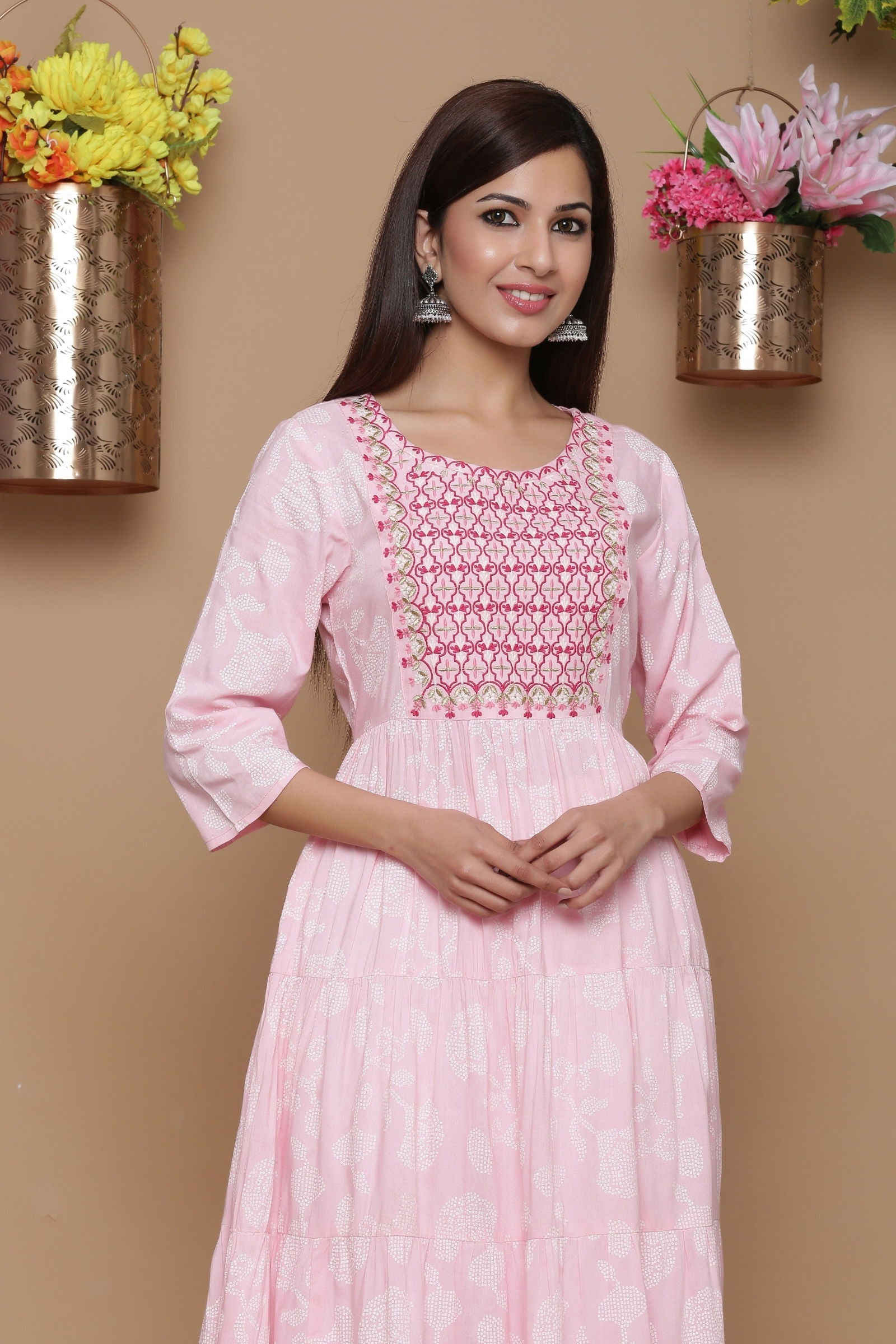 Baby Pink Ethnic Motif Printed Rayon Tiered Maxi Dress With Mirror Wor
