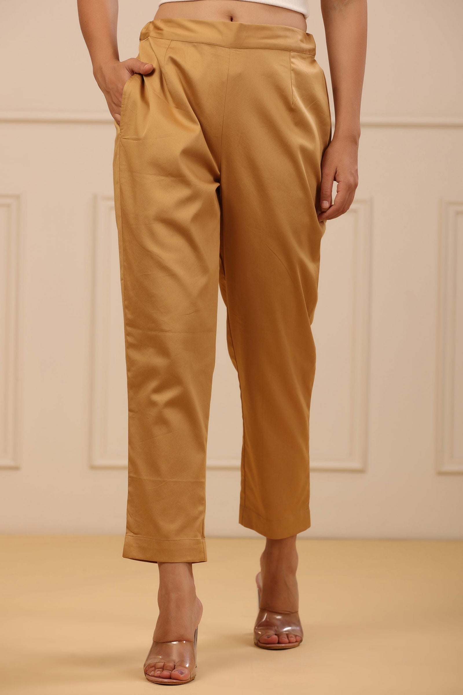 Beige Cotton Solid Slim Fit Pants With Partially Elasticated Waistband