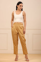 Juniper  Beige Cotton Solid Slim Fit Pants With Partially Elasticated Waistband 