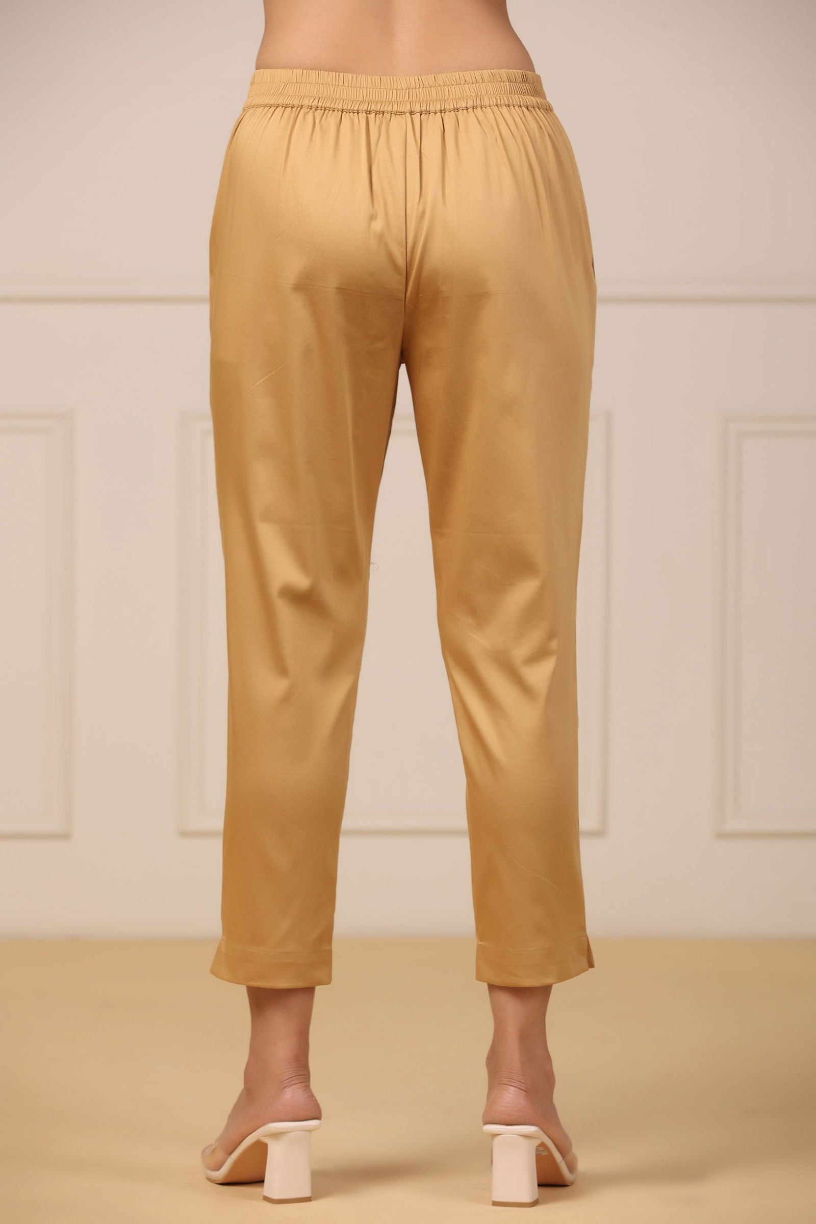 Beige Cotton Solid Slim Fit Pants With Partially Elasticated Waistband