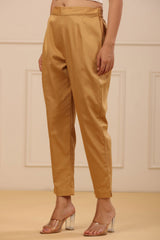 Juniper  Beige Cotton Solid Slim Fit Pants With Partially Elasticated Waistband 