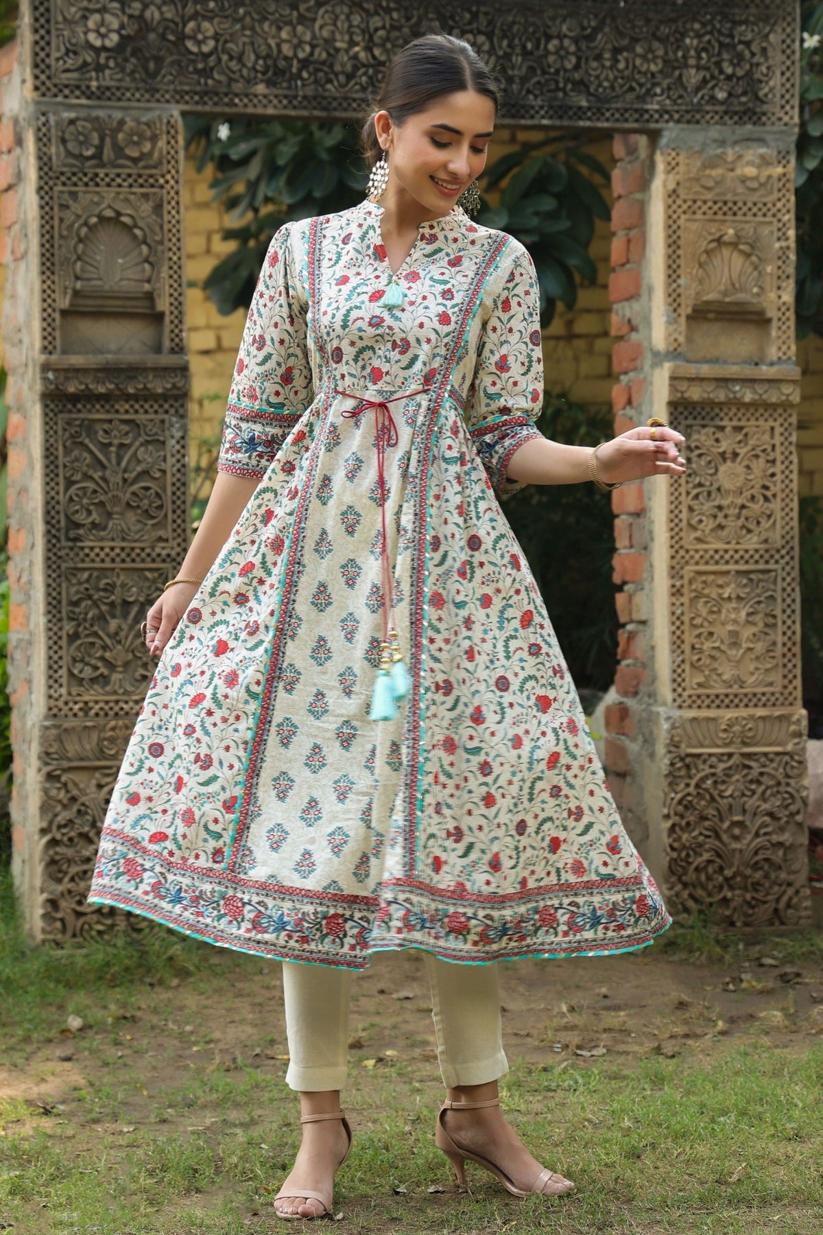 Juniper Beige Floral Printed Pure Cotton Flared Kurta. 