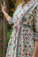 Juniper Beige Floral Printed Pure Cotton Flared Kurta. 