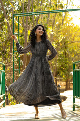 Juniper Black Abstract Printed Chiffon Flared Maxi Dress. 
