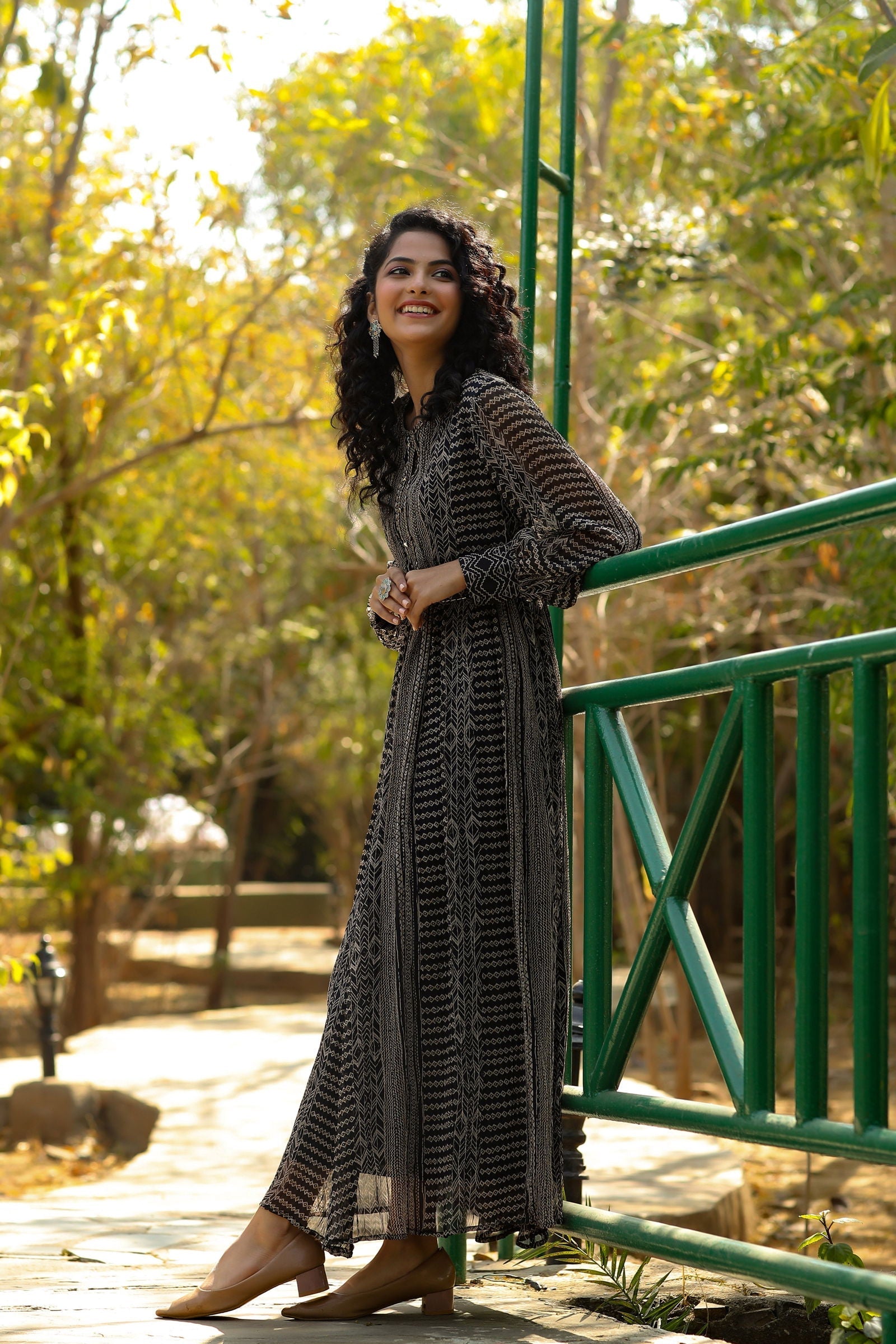 Black Abstract Printed Chiffon Flared Maxi Dress | DesiQlo