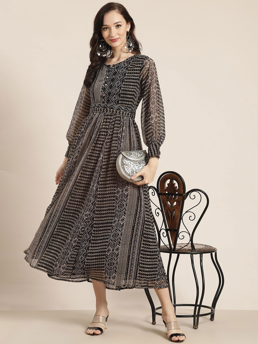 Black Abstract Printed Chiffon Flared Maxi Dress | DesiQlo