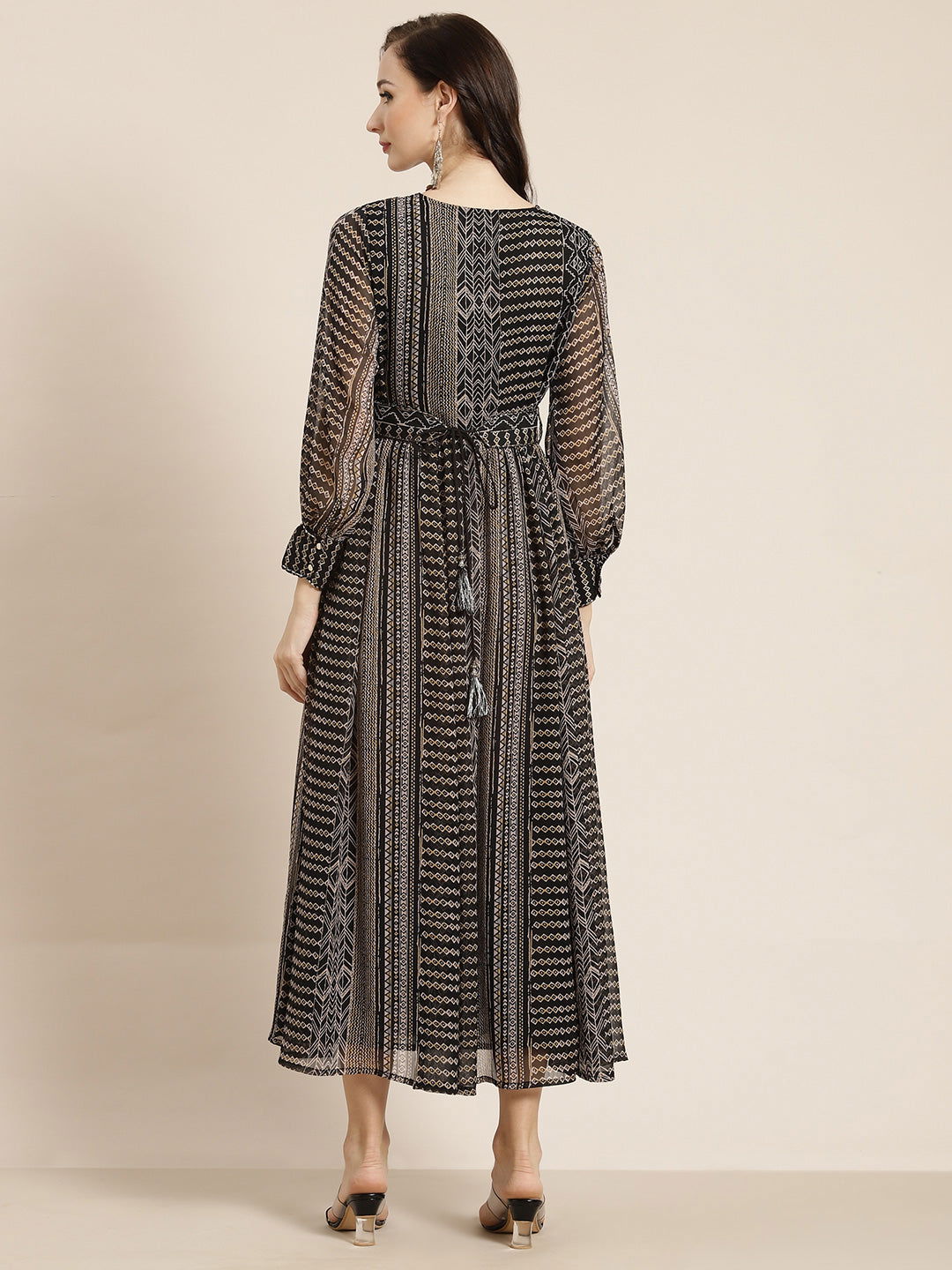 Black Abstract Printed Chiffon Flared Maxi Dress | DesiQlo