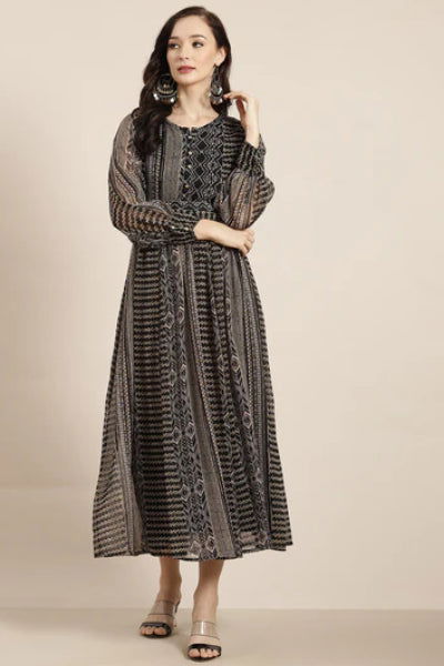 Black Abstract Printed Chiffon Flared Maxi Dress | DesiQlo