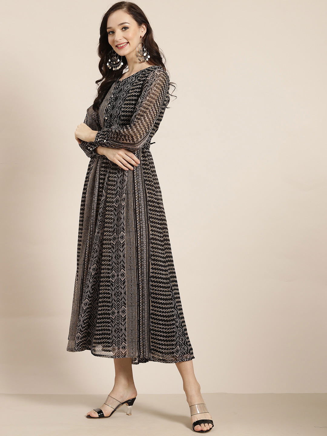 Black Abstract Printed Chiffon Flared Maxi Dress | DesiQlo