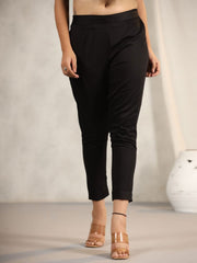 Juniper Black Cotton Lycra Pants For Women With Partially Elasticated Waistband 