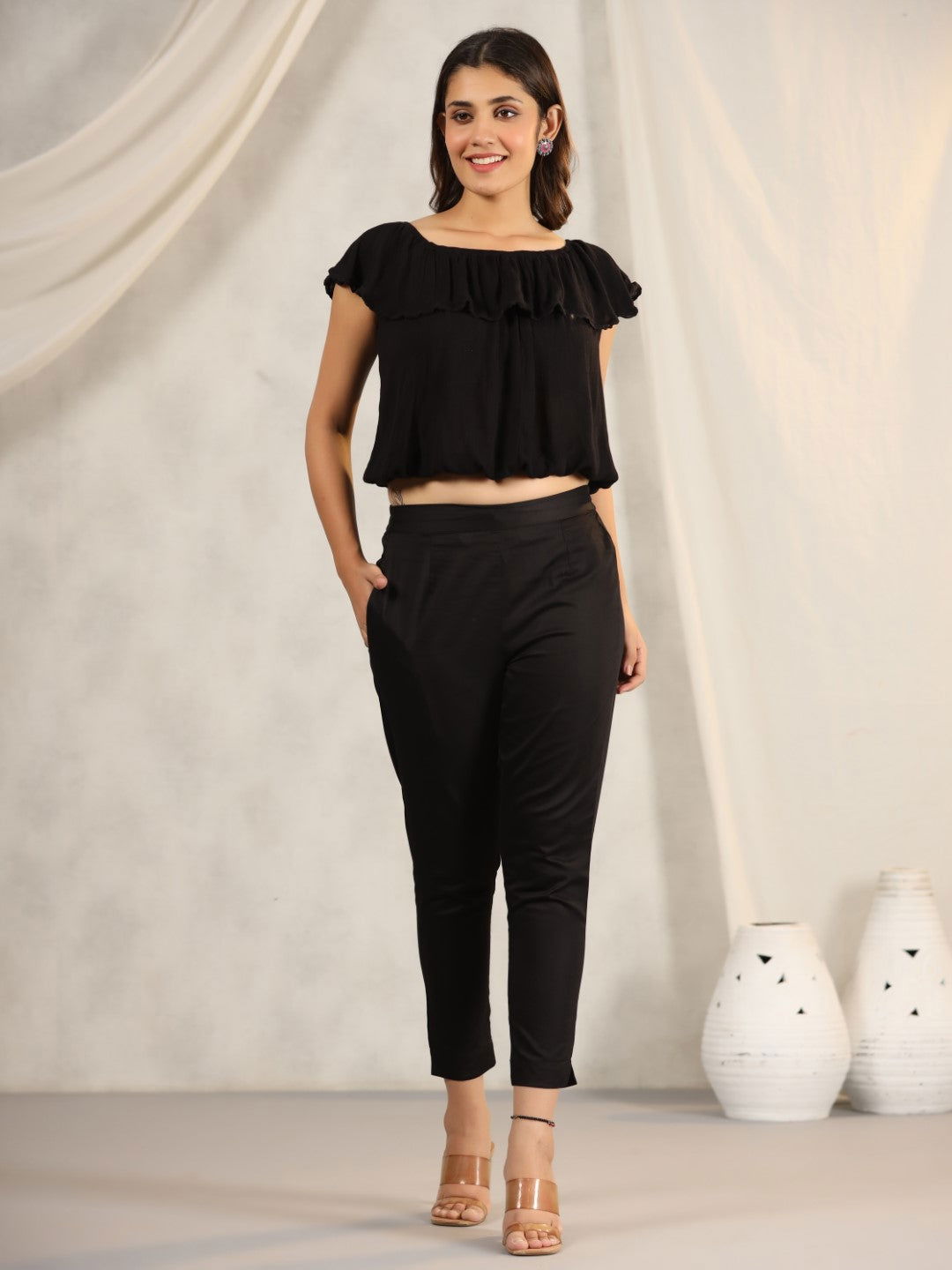 Black Cotton Lycra Pants For Women With Partially Elasticated Waistban