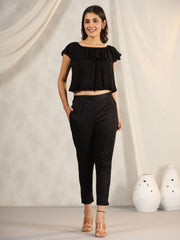 Juniper Black Cotton Lycra Pants For Women With Partially Elasticated Waistband 