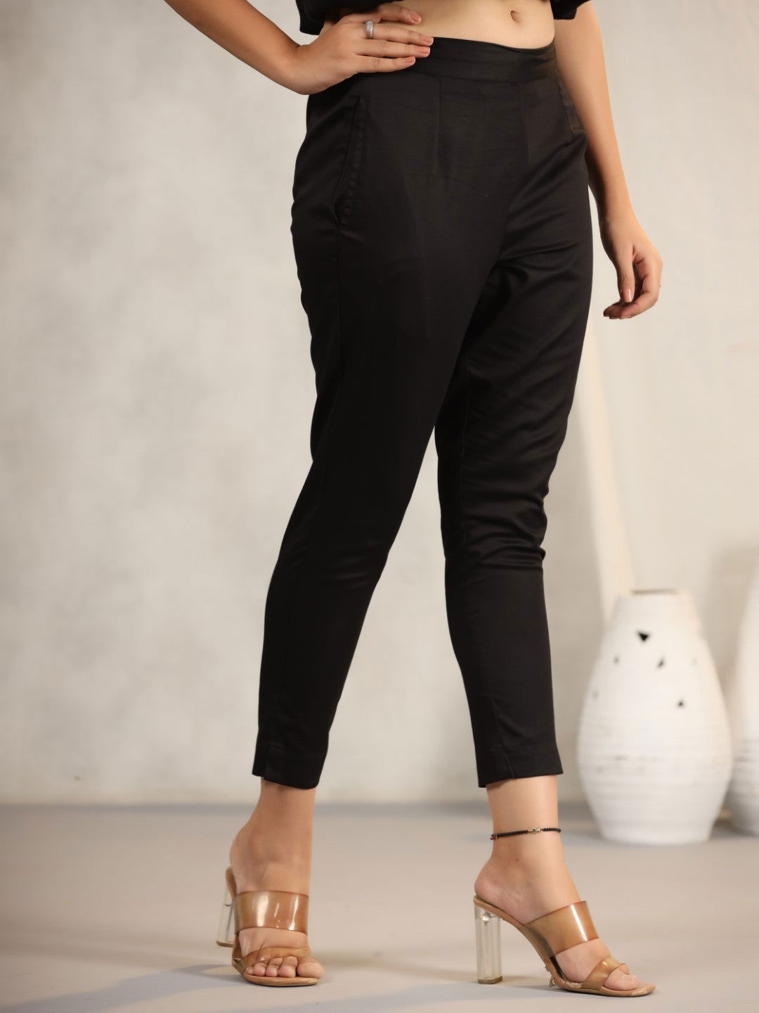 Black Cotton Lycra Pants For Women With Partially Elasticated Waistban