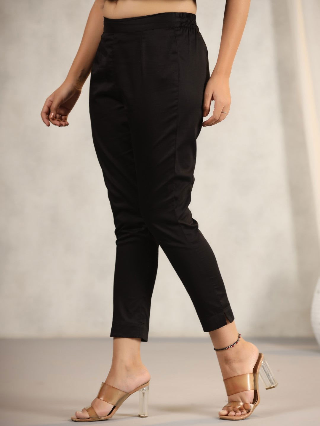 Black Cotton Lycra Pants For Women With Partially Elasticated Waistban