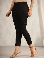 Juniper Black Cotton Lycra Pants For Women With Partially Elasticated Waistband 