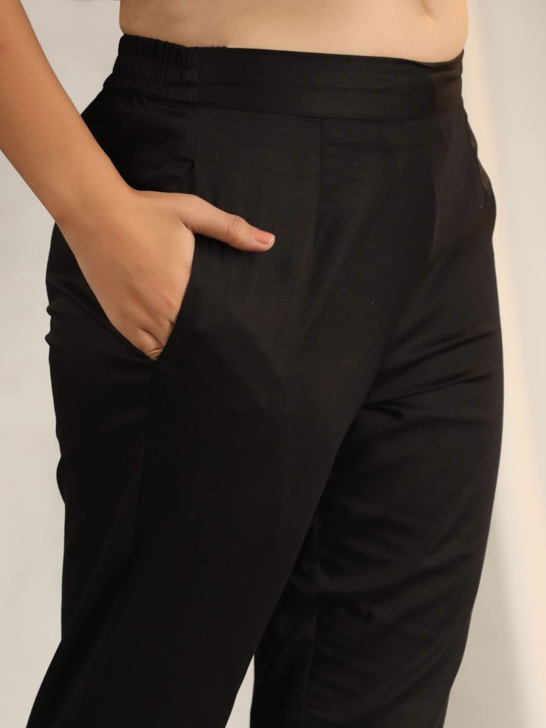 Black Cotton Lycra Pants For Women With Partially Elasticated Waistban
