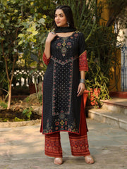 Juniper Black Ethnic Motif Placement Printed Rayon Kurta With Pant And Dupatta With Bead & Sequence Work 