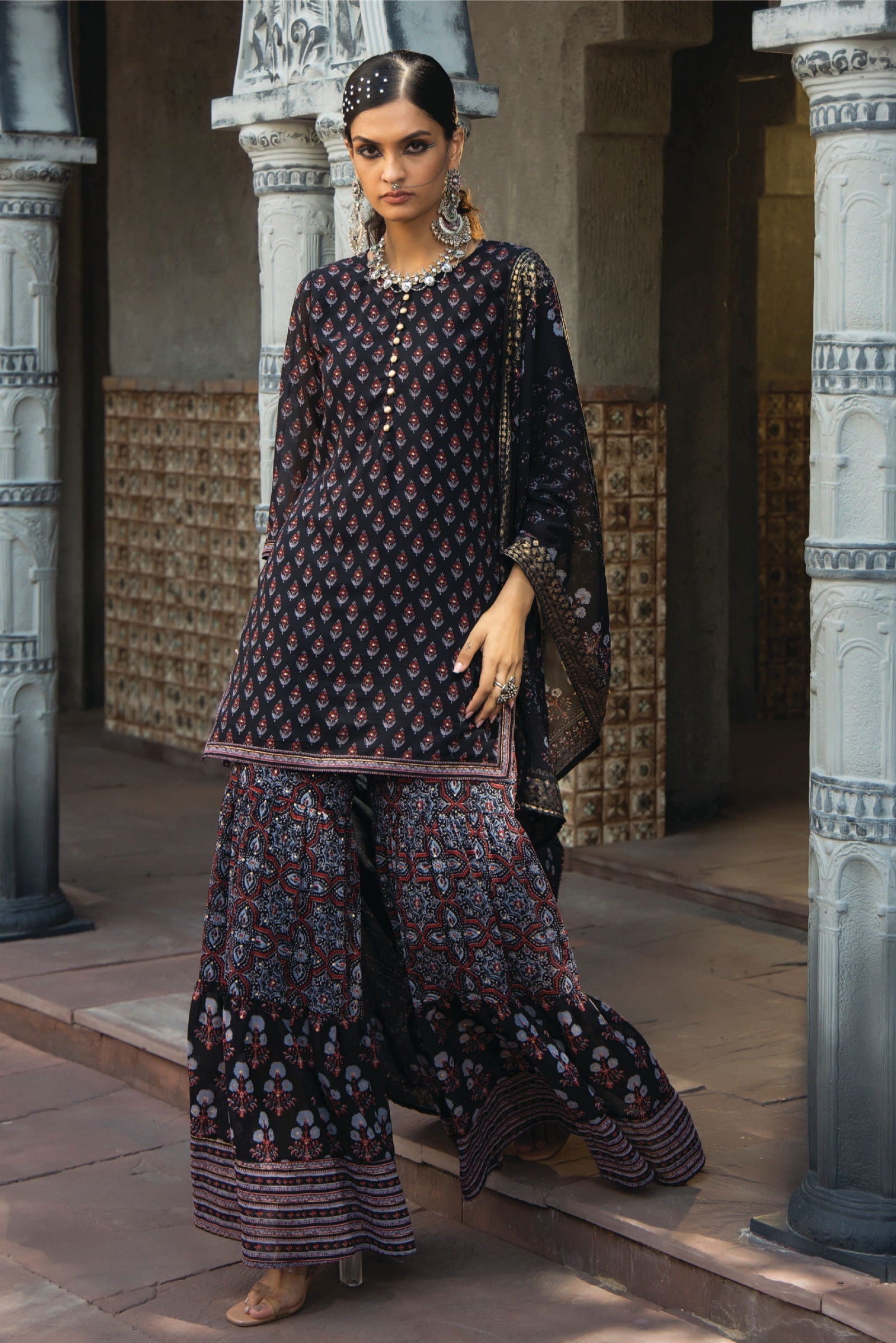 Black Ethnic Motif Printed Georgette Kurta Sharara & Dupatta Set | Des