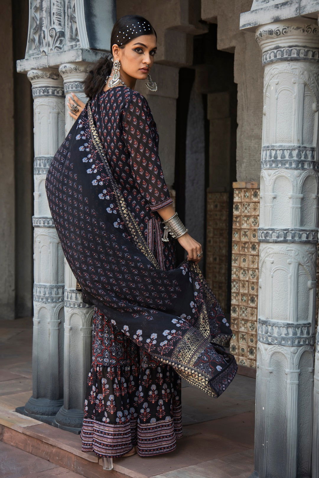 Black Ethnic Motif Printed Georgette Kurta Sharara & Dupatta Set | Des