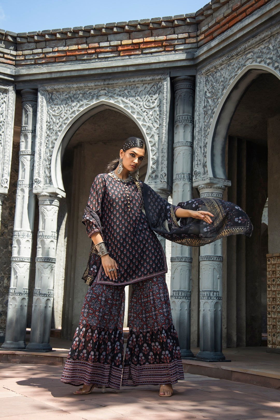 Black Ethnic Motif Printed Georgette Kurta Sharara & Dupatta Set | Des